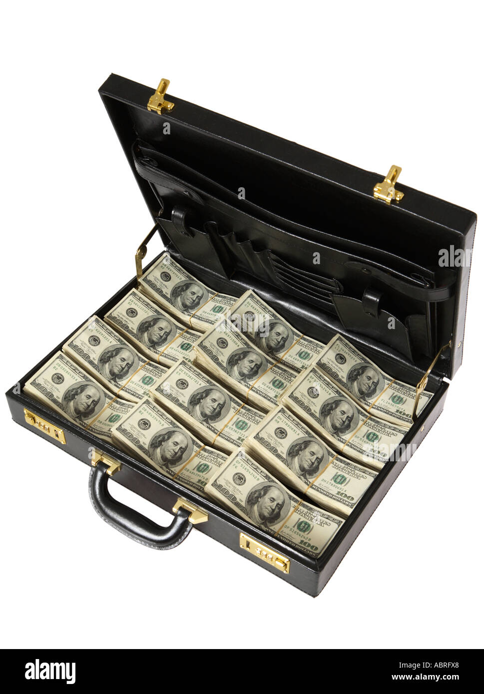 Aktenkoffer voller Stapel von hundert-Dollar-Scheine. Stockfoto