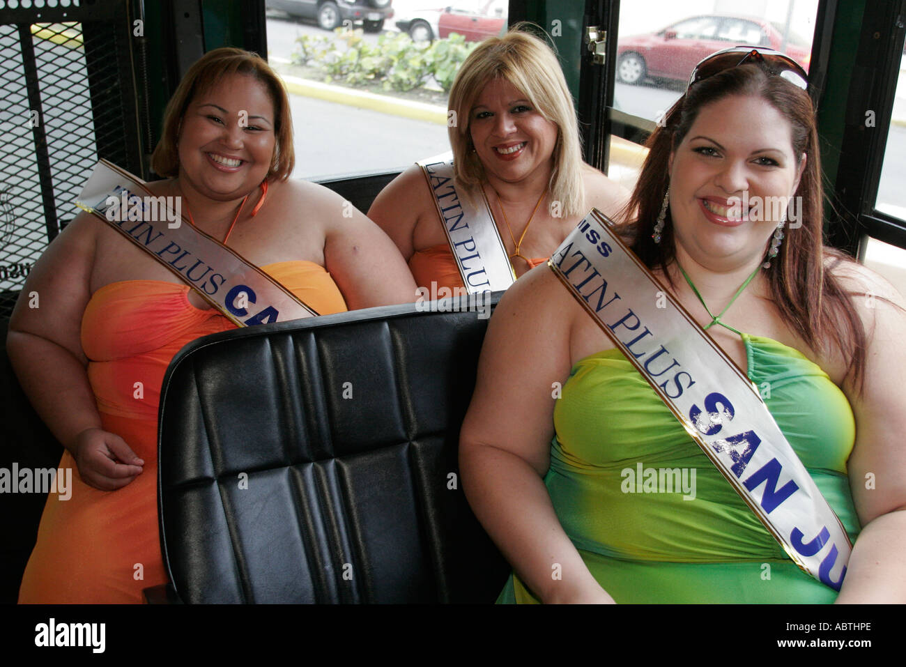Puerto Rico, Rican, karibische Insel, Großantillen Old San Juan, Hauptstadt, kostenloser Trolley, hispanische Frauen, Miss Latin Plus-Teilnehmer für Schönheitswettbewerbe Stockfoto