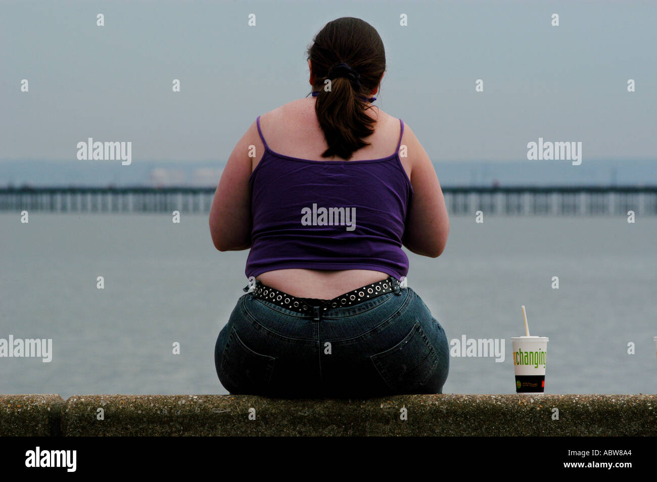 Southend on Sea, Essex, England. Dicke übergewichtige Frau sitzt auf dem Deich. Stockfoto
