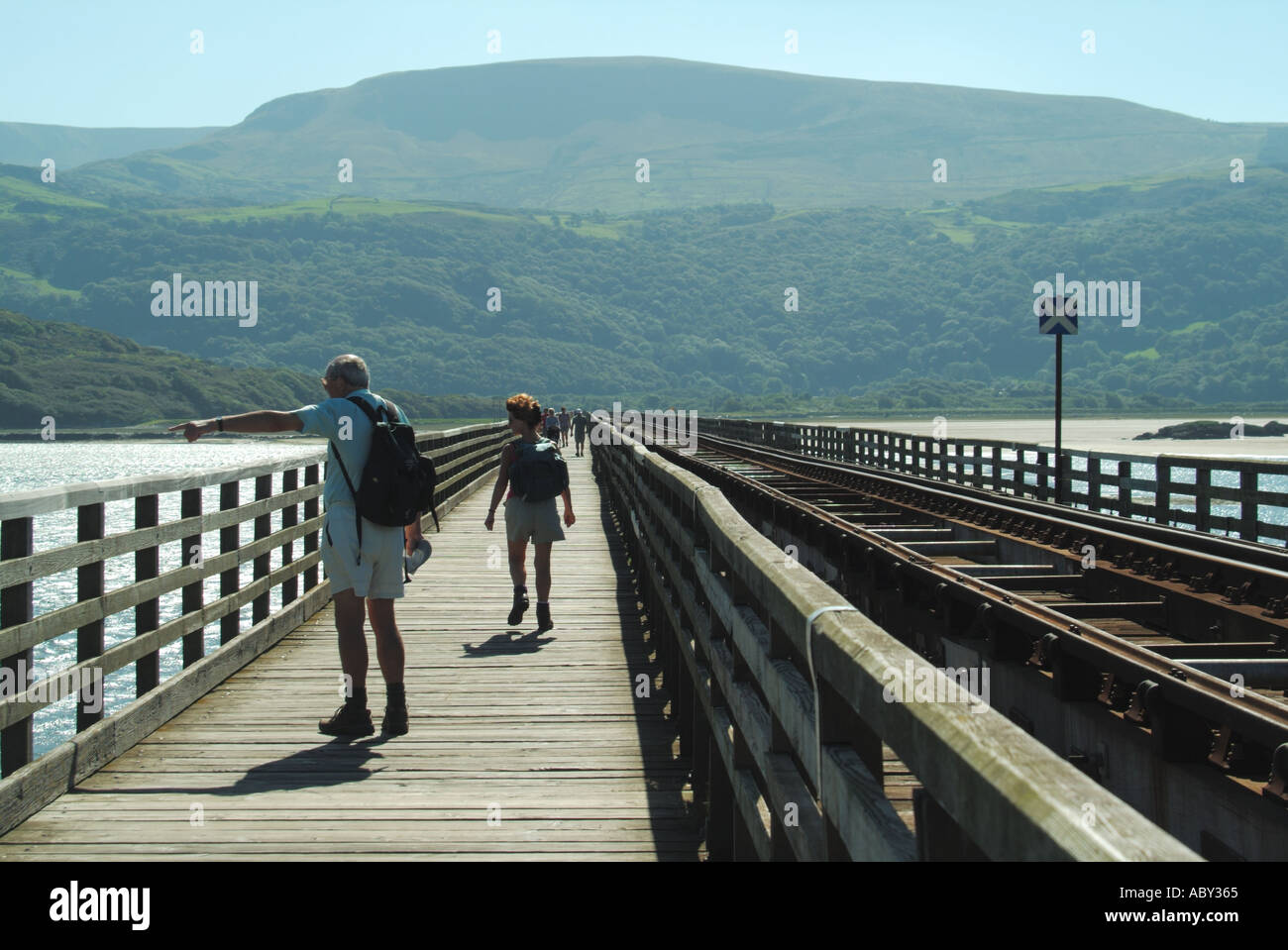 Barmouth Afon Mawddach Eisenbahn-Viadukt und Maut Fußgängerbrücke bietet Wandern Radfahren Verbindung mit Fairbourne Seite der Mündung Stockfoto