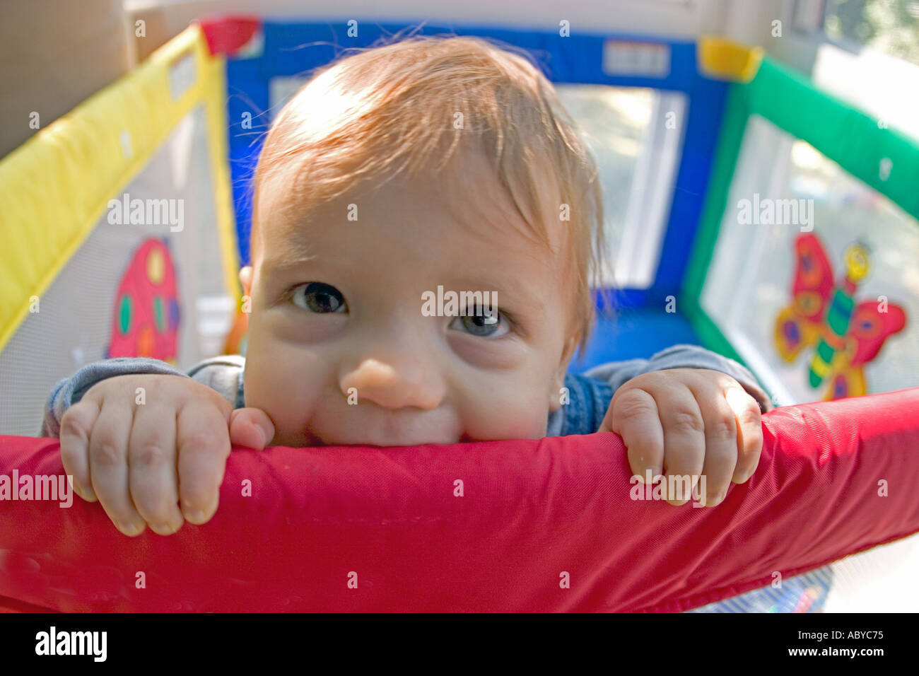 8 Monate altes Baby in Ecke bunte Laufstall Kinderkrankheiten am Rand stehen Stockfoto