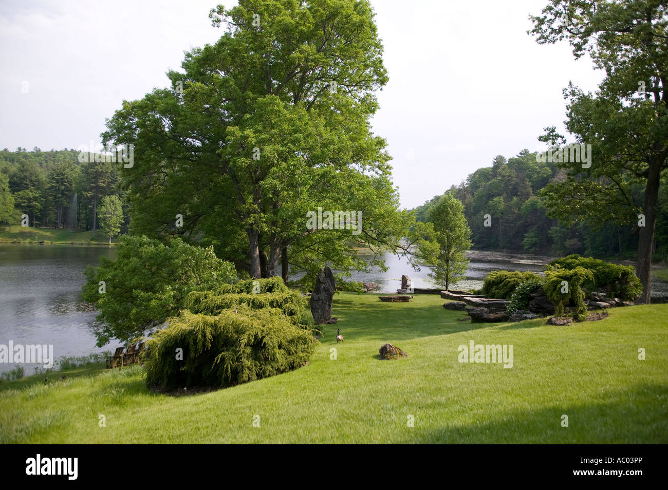 Ein gepflegter Rasen und Garten an einem See Stockfoto