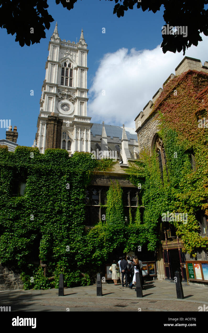 Westminster Abbey Turm oben die bunten Efeu Wände des Dekanat Hof Kreuzgang London gesehen Stockfoto
