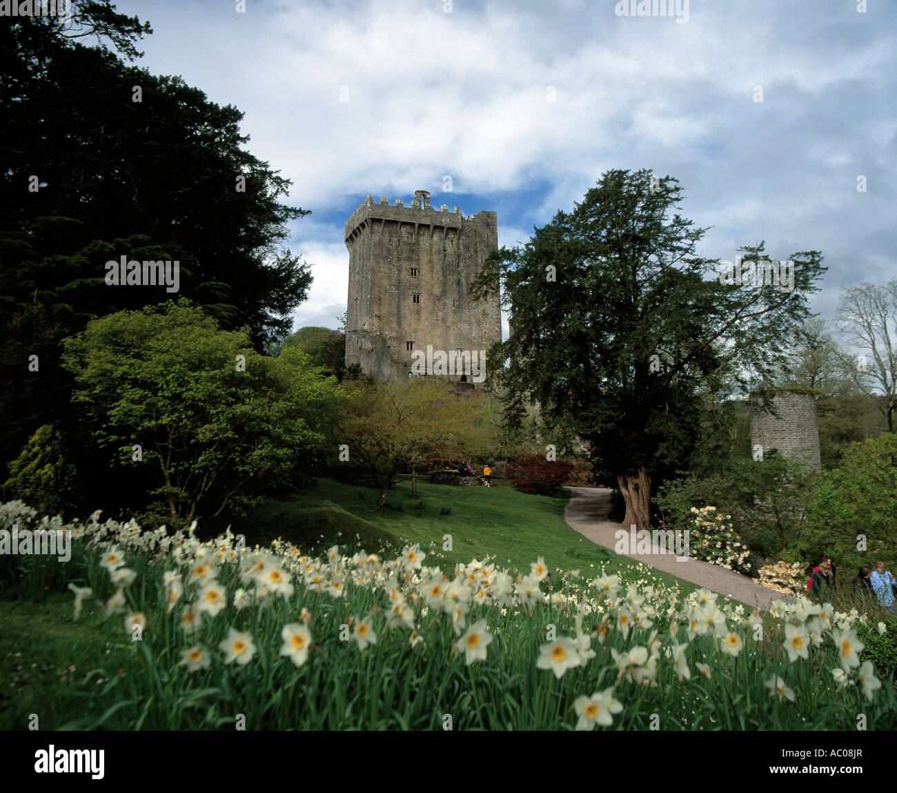 Geschwätz Castle Demense, Blarney, county Cork, Irland, Geschwätz Stein, zwei Menschen, die zu Fuß in einem irischen Garten Stockfoto