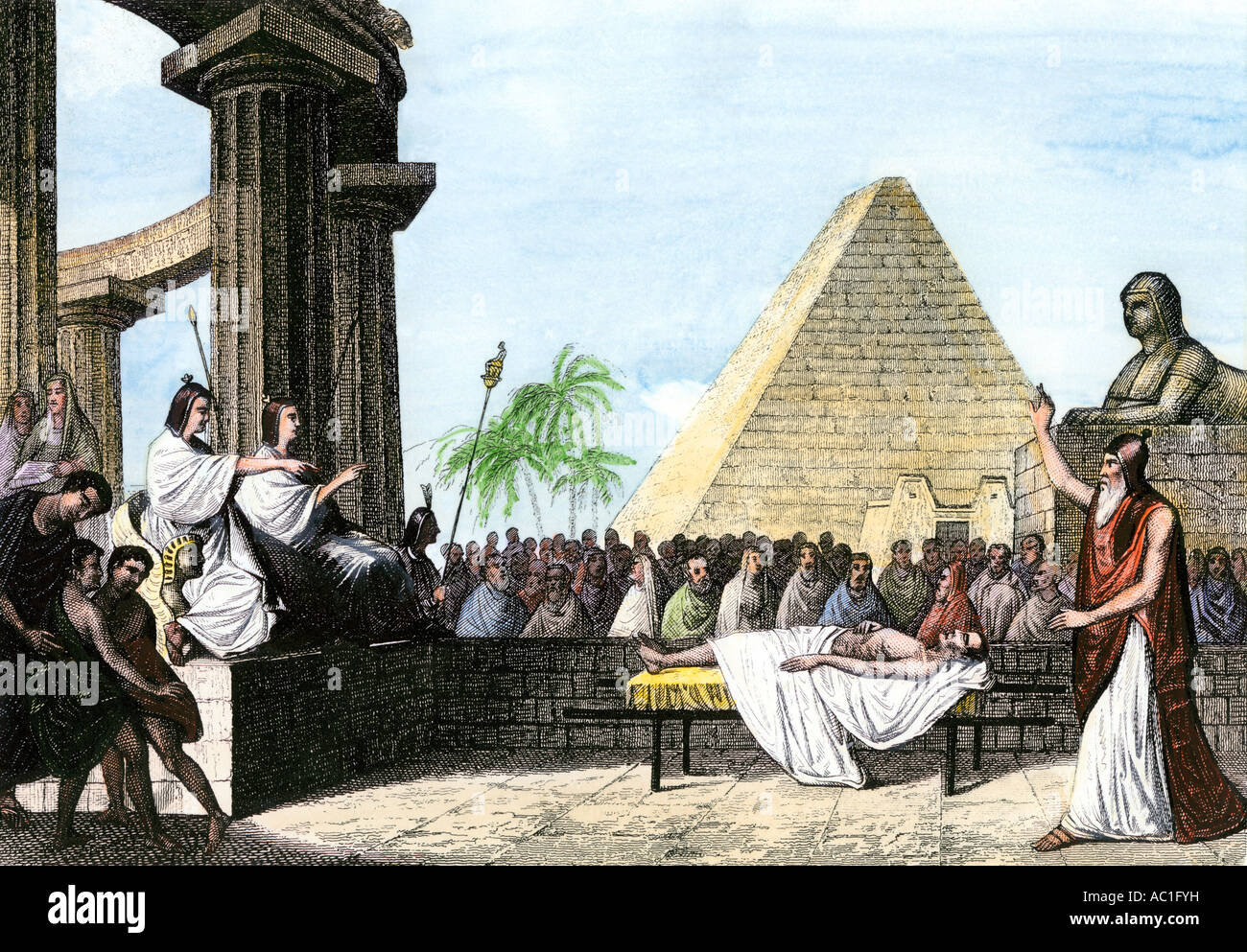 Gericht der Toten alten Ägypten. Hand - farbige Gravur Stockfoto