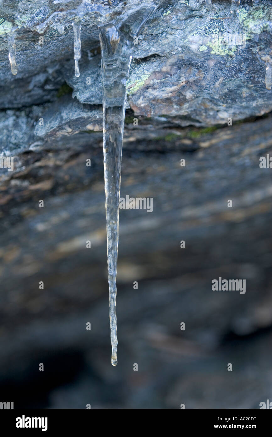 Eiszapfen aus Felsen unterbrochen Stockfoto