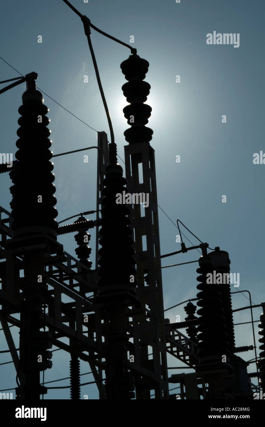 Fossil, Kraftstoff, Energie, Vertrieb, Kabel, Strom, Licht, Wärme, Schatten, Sonnenuntergang, für, Umspannwerk, Elektrizität, Strom, Stockfoto