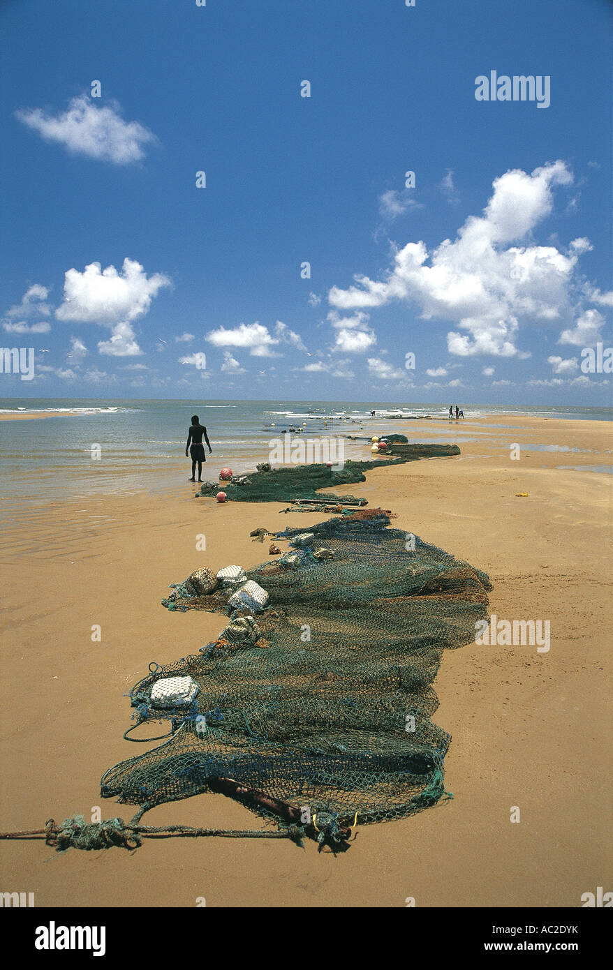 Fischernetze ausgebreitet zum Trocknen auf dem sandigen Strand Beira, Mosambik Stockfoto