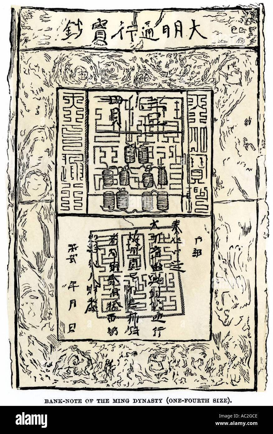 Papier Bank Note der Ming-Dynastie in China. Holzschnitt mit einem Aquarell waschen Stockfoto