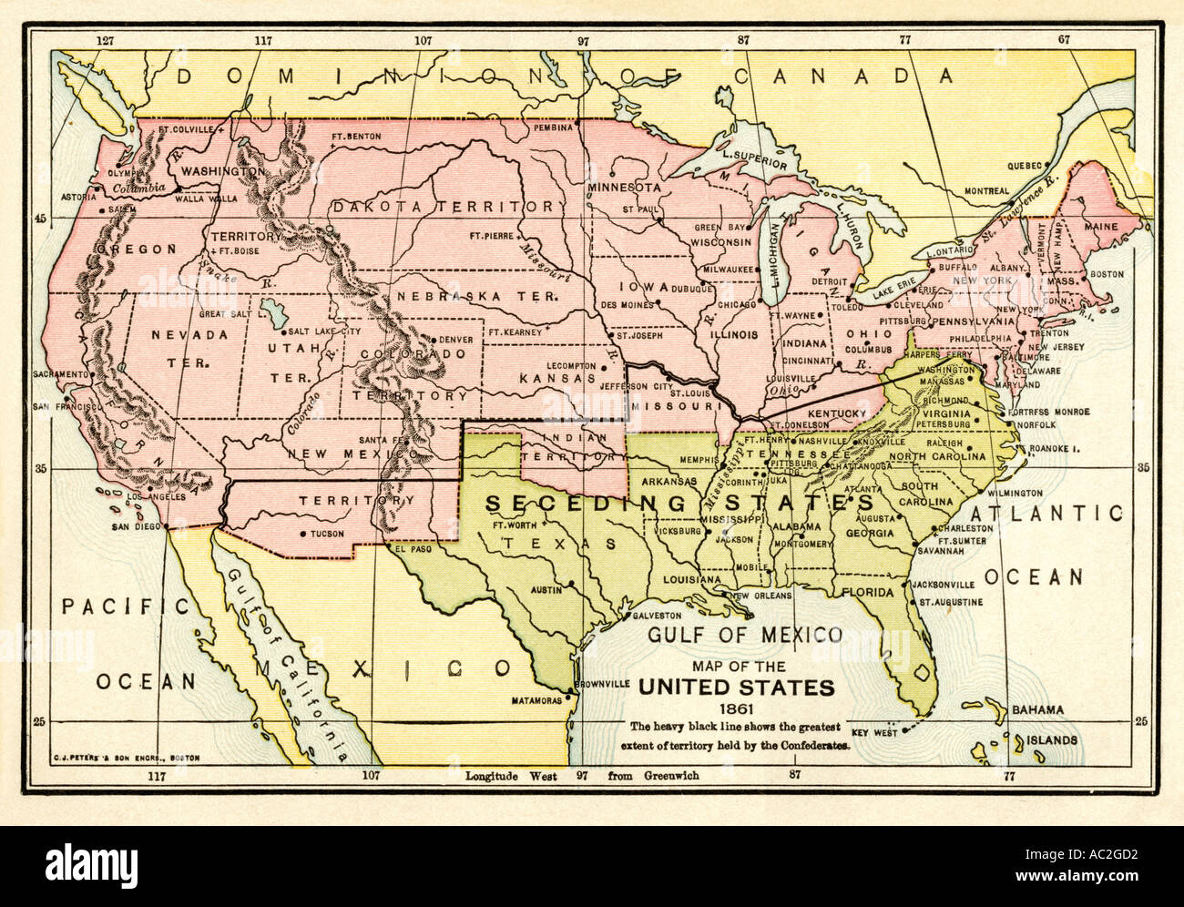 Karte der Vereinigten Staaten im Jahr 1861 Zu Beginn des Bürgerkriegs. Farblithographie Stockfoto