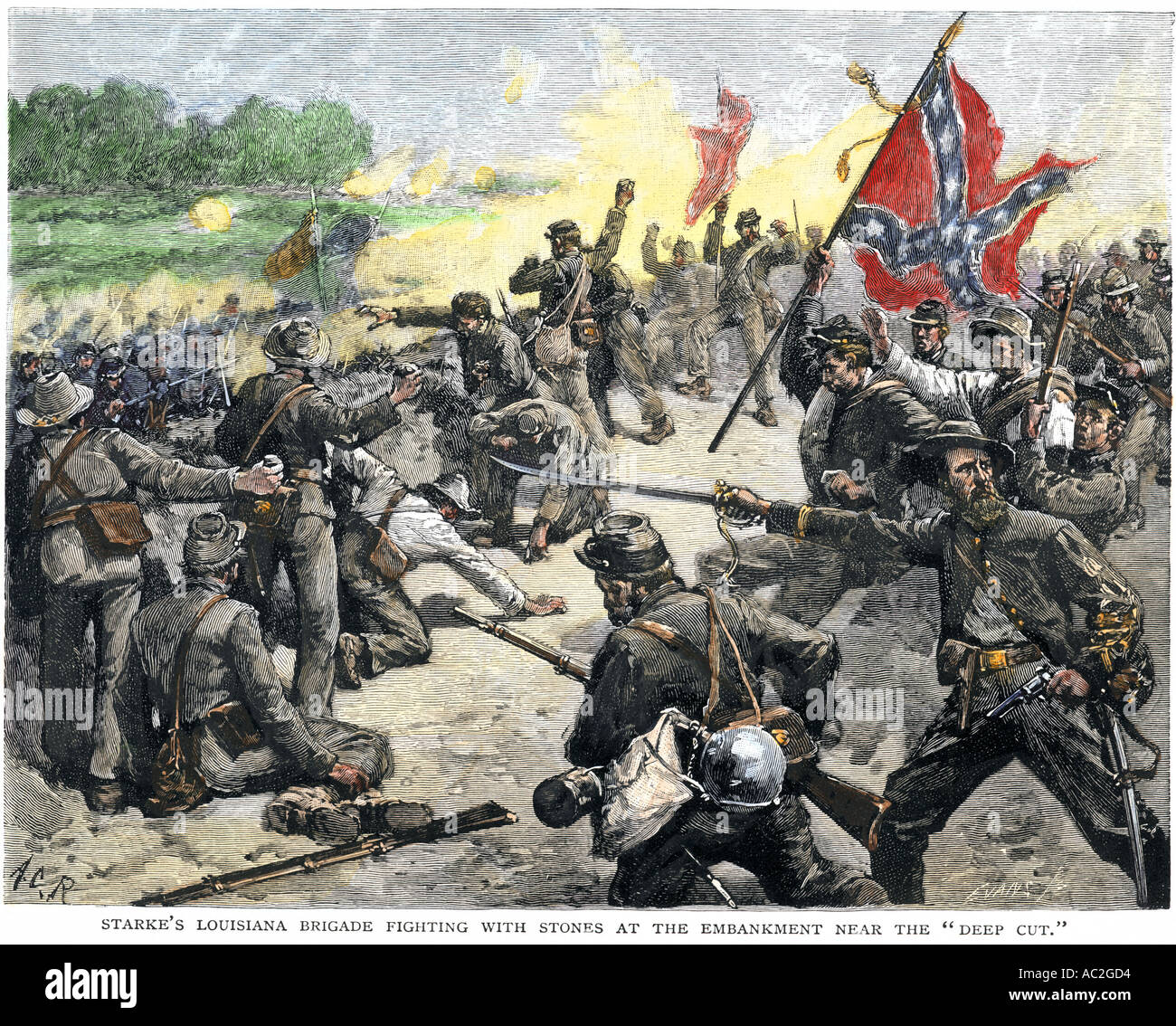 Der südstaaten Louisiana Feuerwehr Steinen am fortschreitenden Union Armee an der zweiten Schlacht von Bull Run 1862 werfen. Hand - farbige Holzschnitt Stockfoto