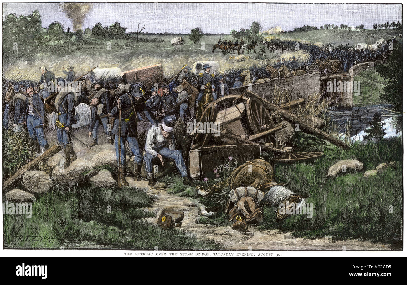 Rückzug der Union Armee über die steinerne Brücke nach der zweiten Schlacht von Bull Run 30. August 1862. Hand - farbige Holzschnitt Stockfoto