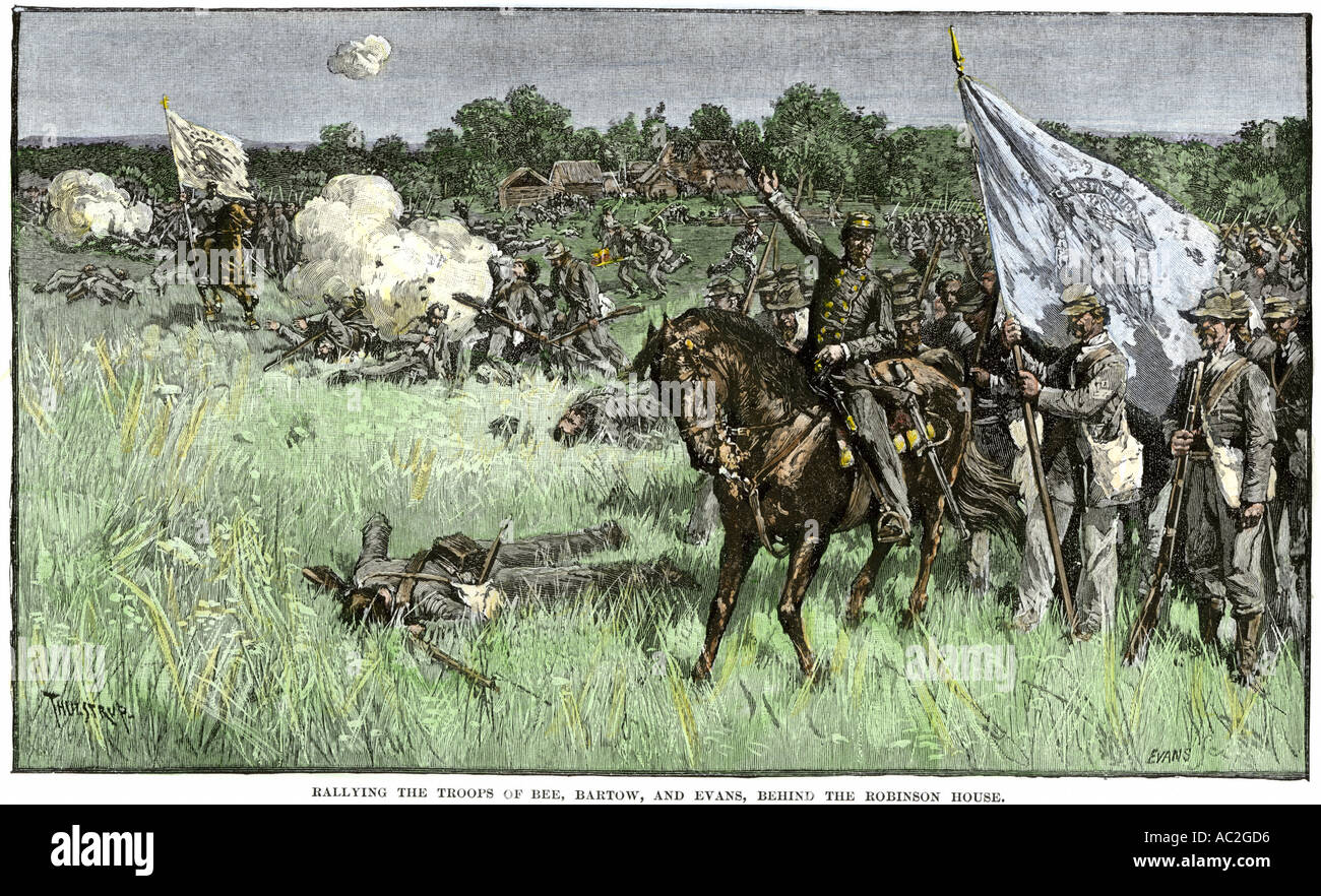 Rallyes konföderierten Truppen hinter dem Robinson Haus während der ersten Schlacht von Bull Run 1861 Amerikanischer Bürgerkrieg. Hand - farbige Holzschnitt Stockfoto