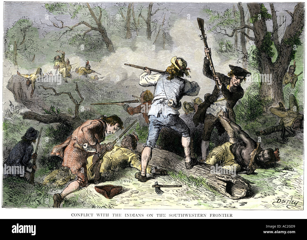 Kolonisten Konflikt mit gebürtigen Amerikaner auf der Georgia und Carolina Grenze 1700. Hand - farbige Holzschnitt Stockfoto
