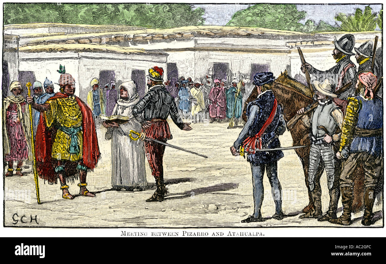 Treffen zwischen spanischen Eroberer Francisco Pizarro und Inka Atahualpa Leader in Peru 1500. Hand - farbige Holzschnitt Stockfoto
