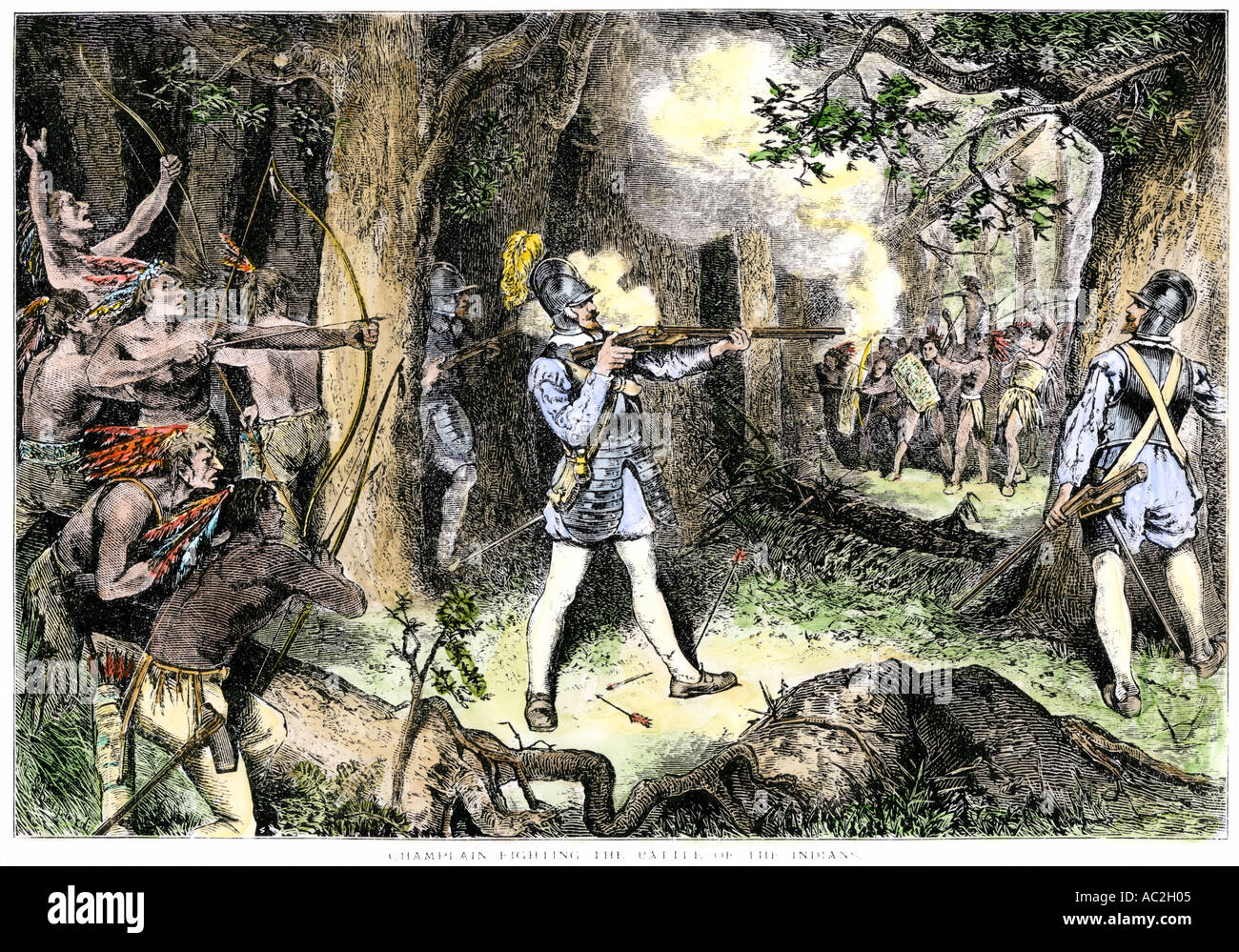 Samuel de Champlain und seine Huron Indian Verbündete im Kampf gegen die Irokesen in der Nähe von Lake Champlain 1609. Hand - farbige Holzschnitt Stockfoto