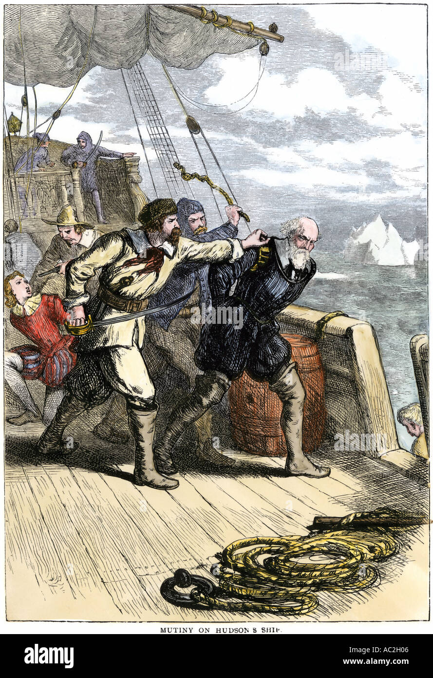 Meuterer senden Henry Hudson und sein Sohn über Bord hilflos in einem kleinen Boot in der Arktis 1611 zu sterben. Hand - farbige Holzschnitt Stockfoto