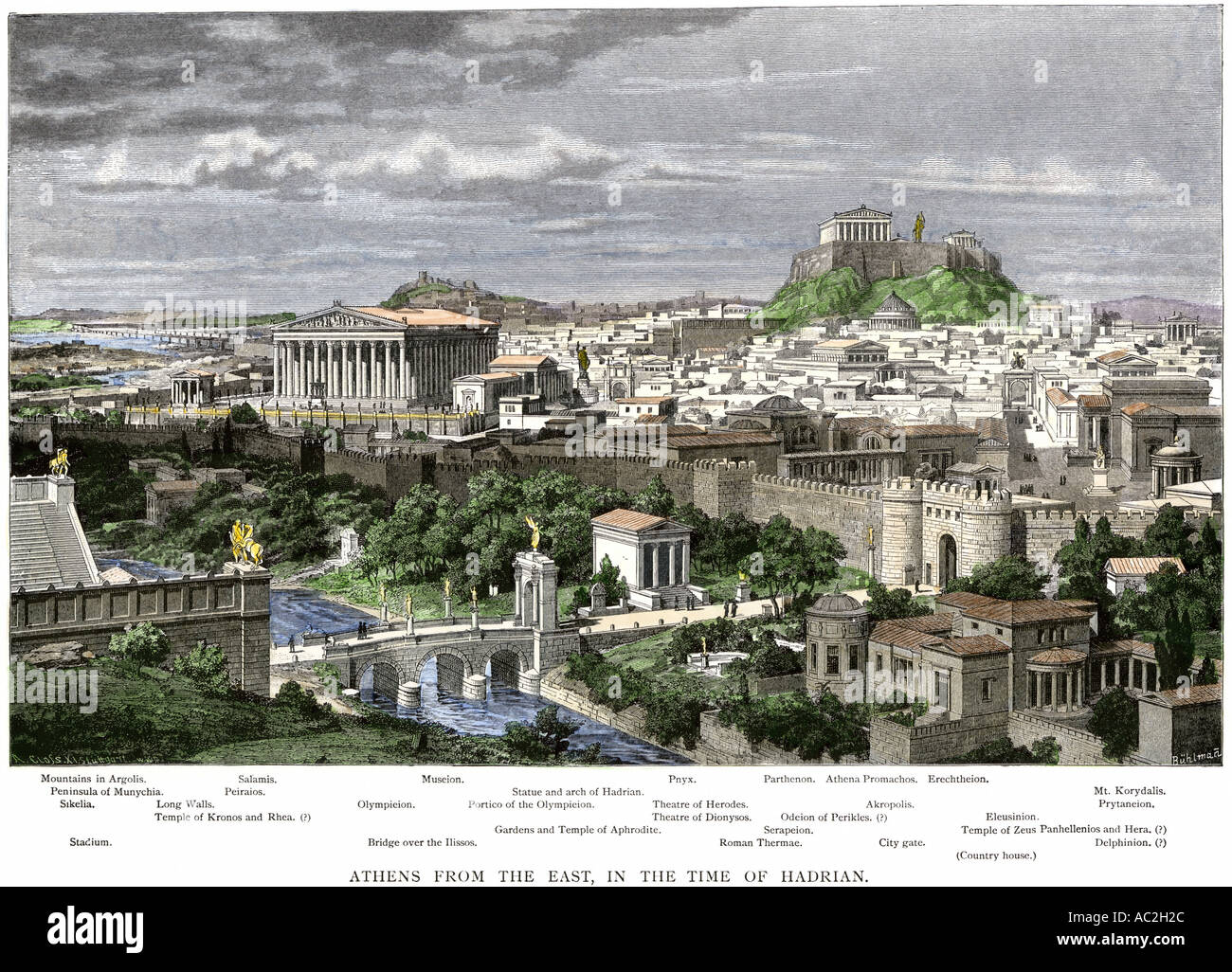 Athen gesehen aus dem Osten in der Zeit von Hadrian. Hand - farbige Holzschnitt Stockfoto