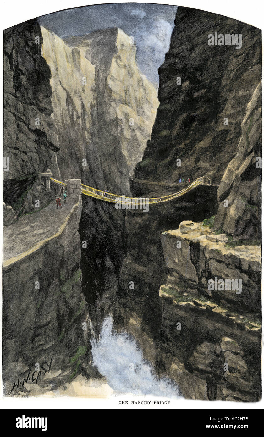 Inka Hängebrücke über eine Schlucht in den Anden. Handcolorierte halftone einer Abbildung Stockfoto