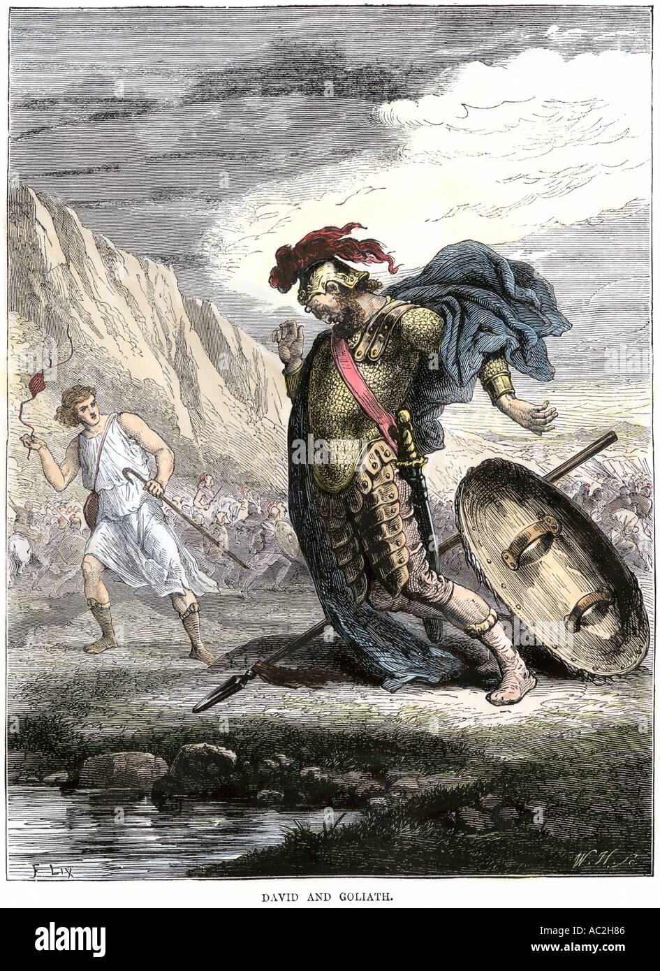 David über seine Schleuder das Heerlager der Philister Riesen Goliath zu bringen. Hand - farbige Holzschnitt Stockfoto