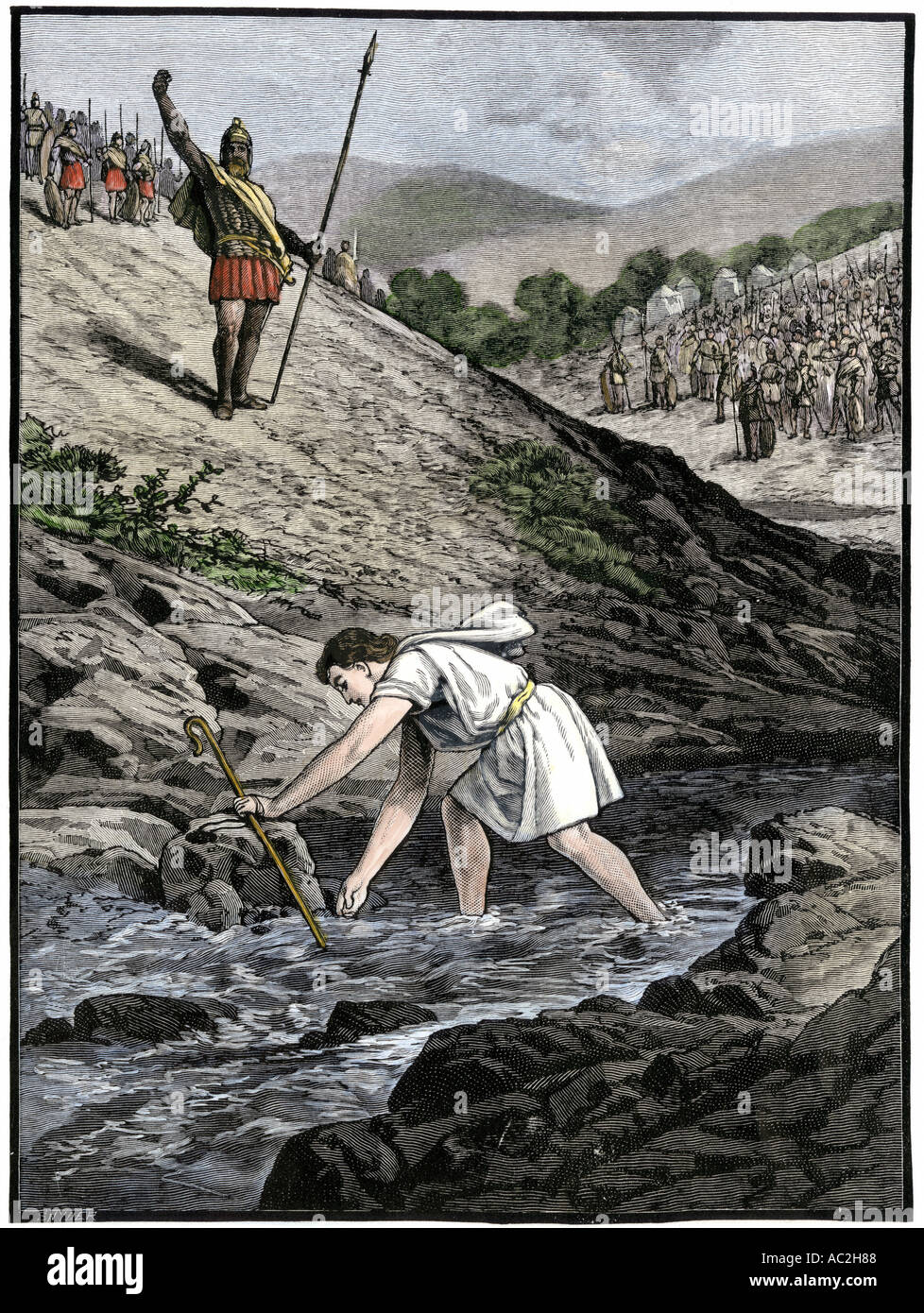 David Kommissionierung ein Stein, mit dem Riesen Goliath der Philister kämpfen. Hand - farbige Holzschnitt Stockfoto