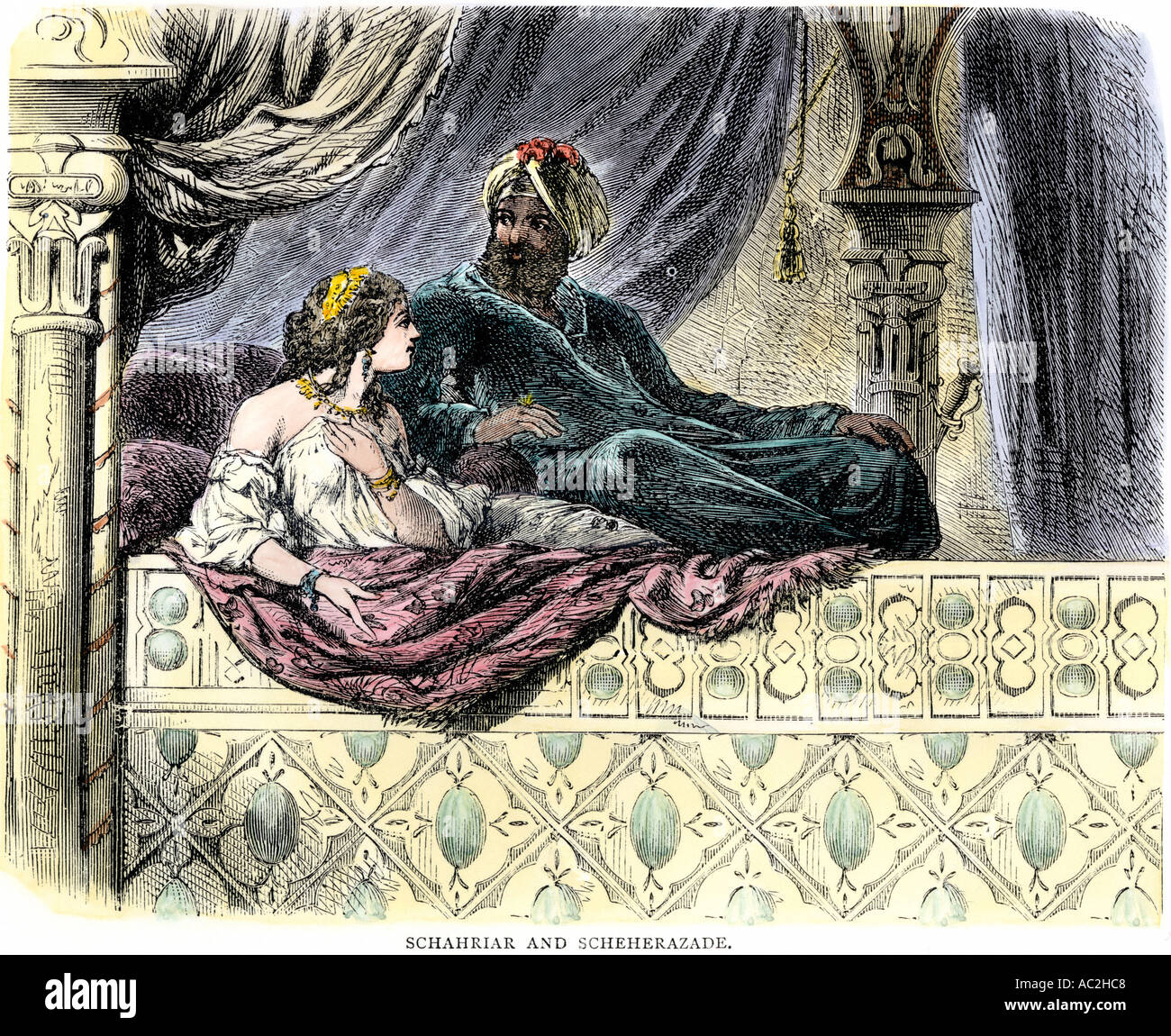 Sultan Schahriar Anhörung eine der 1001 Nacht Geschichten aus seiner Frau Sheherazade. Hand - farbige Holzschnitt Stockfoto