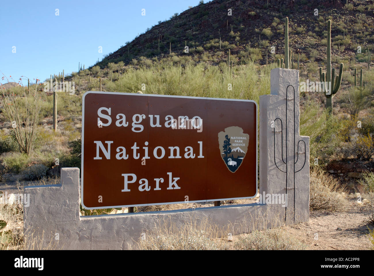 Ortseingangsschild für Saguaro National Park, Arizona, USA, mit Kakteen im Hintergrund Stockfoto