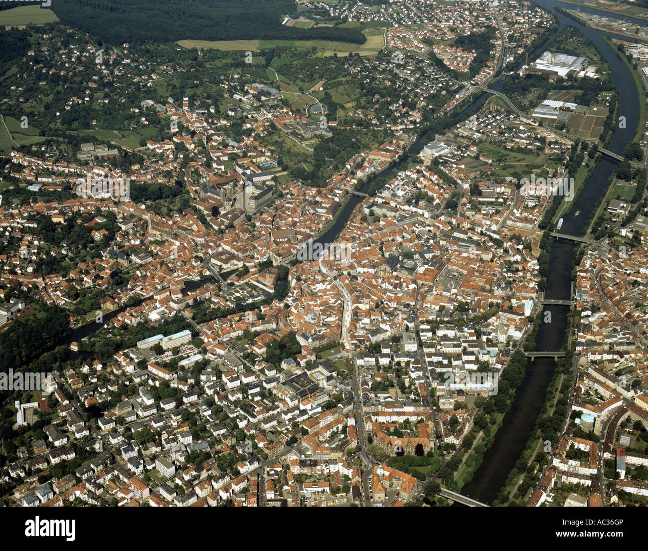 Bamberg, Übersicht, Rigth Seite Main-Donau Kanal, Links Seite Fluss Regnitz, Deutschland, Bayern, Bamberg Stockfoto