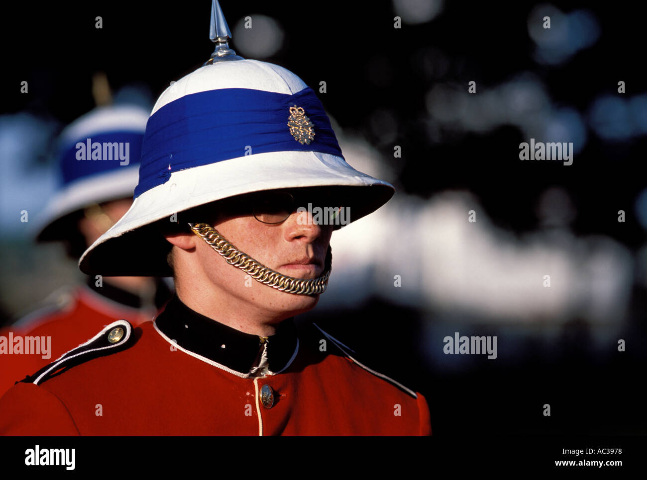 Mann im Kostüm des britischen Soldaten des 19. Jahrhunderts als Teil von Fredericton New Brunswick Tourismus Angebote Kanada Stockfoto