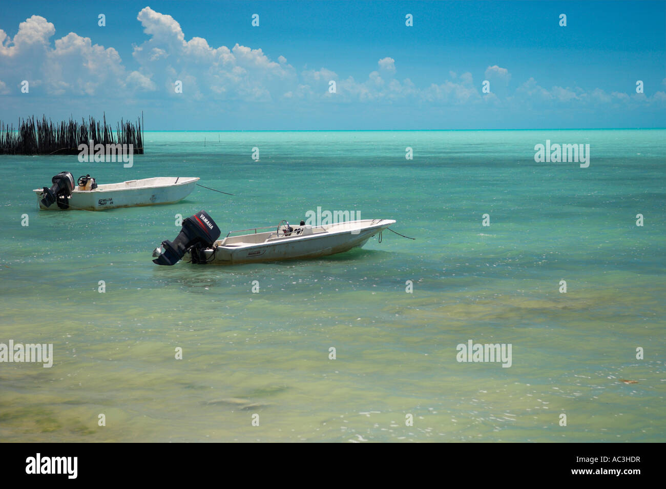 Zwei kleine Freude Fischerboot auf ruhigen türkisblauen Meer Nordseite Andros Island Bahamas Stockfoto