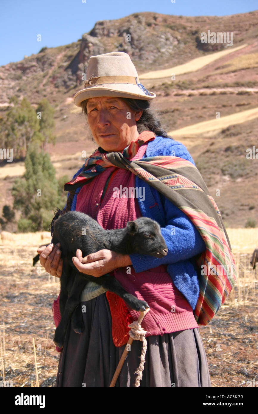 Quechua Schäferin mit traditionellen Hut und bunten Schal hält 7 Tage alte Lamm in Anden in der Nähe von Urubamba, Peru Stockfoto