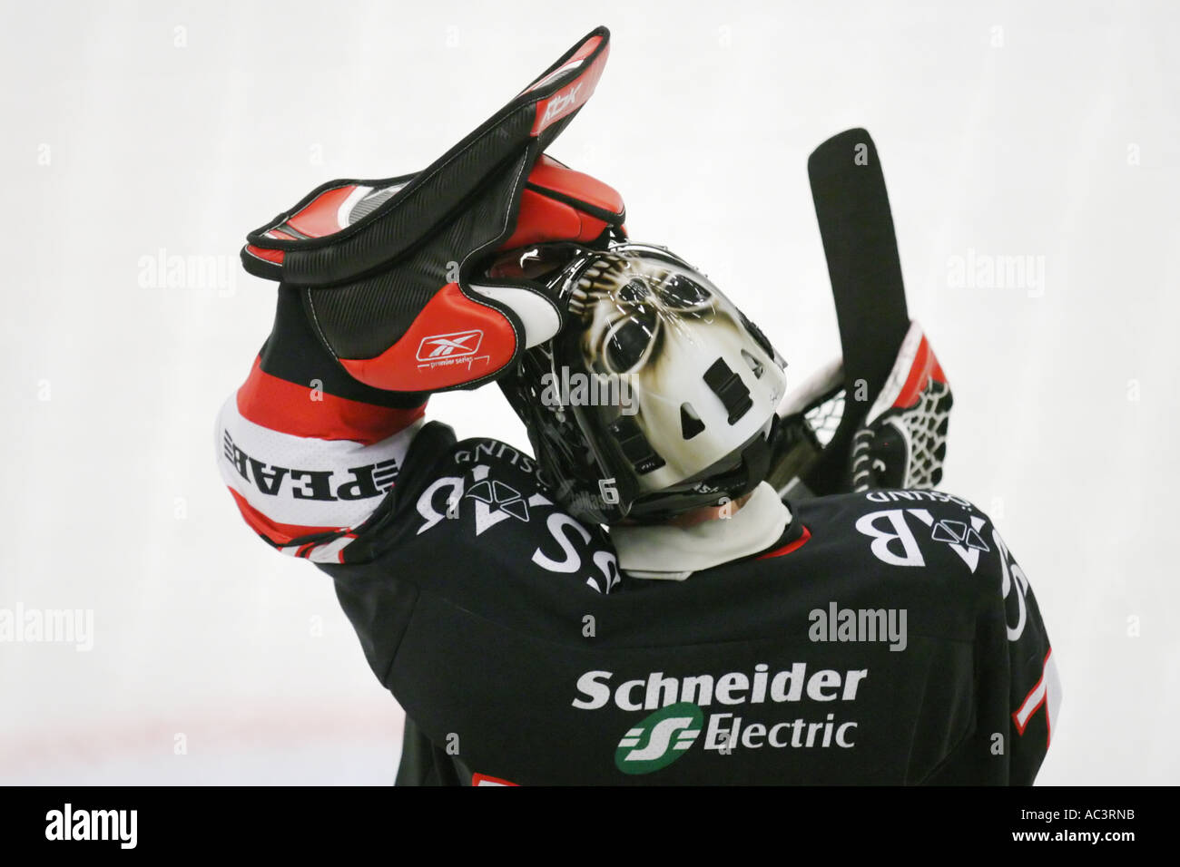 Eishockey-Torwart von oben, mit einer Schädel-Maske Stockfoto