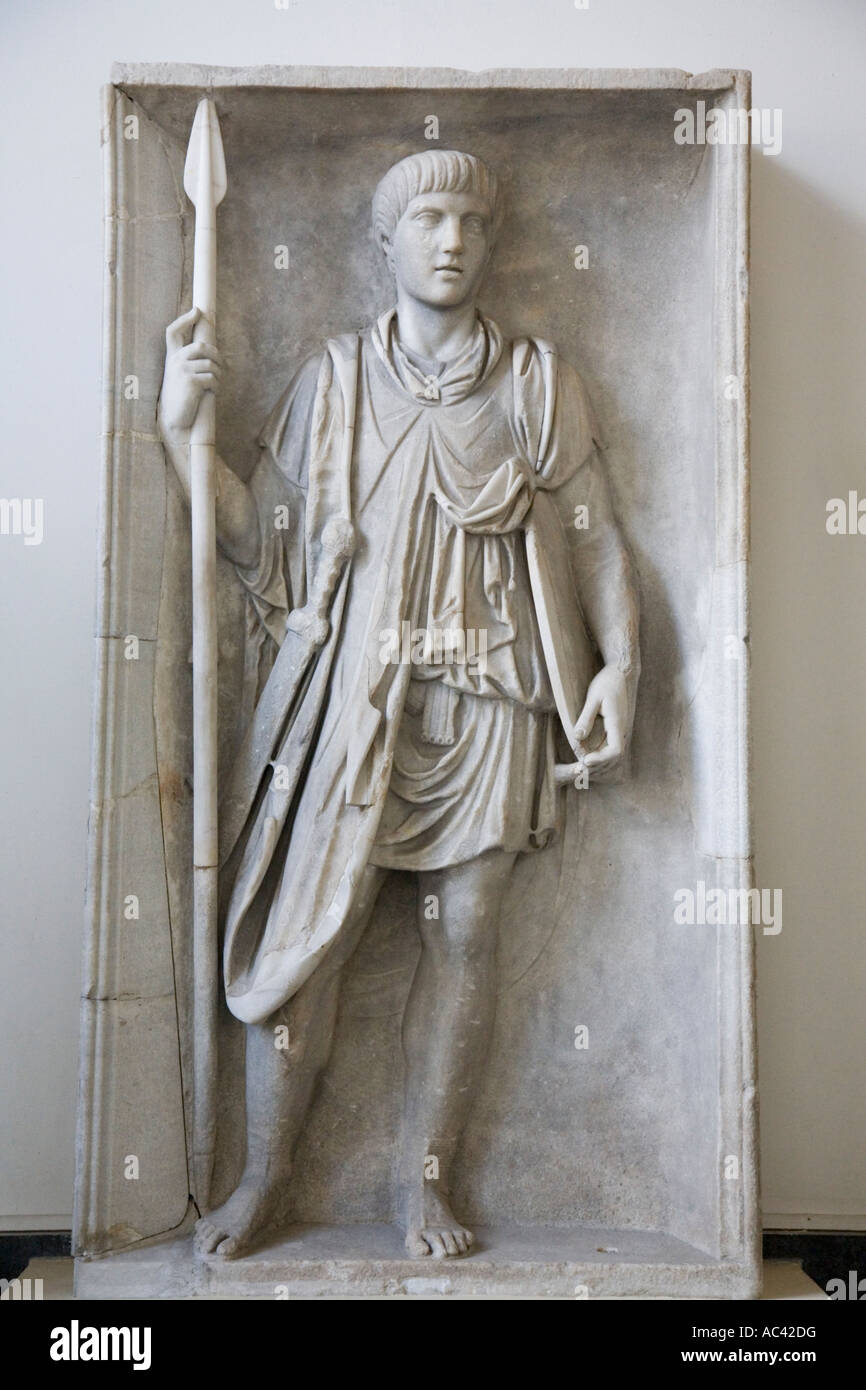 Soldat der Praetorian Schutz für den Roman Emperor Marble Bas Relief 200 A D, Pergamon Museum, Berlin, Deutschland Stockfoto