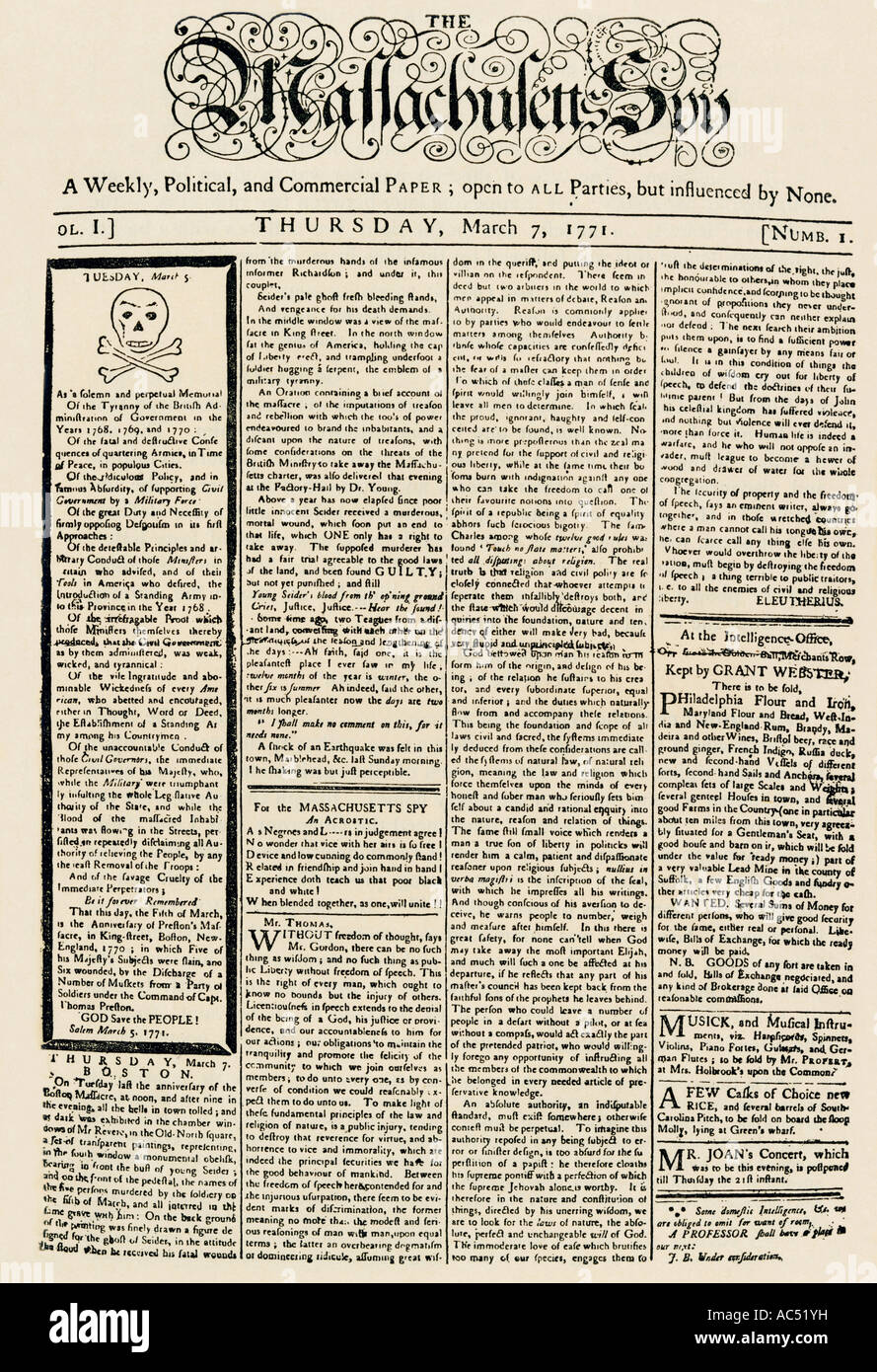 Die Massachusetts Sun Zeitung am ersten Jahrestag der Boston Massaker 1771. Holzschnitt mit einem Aquarell waschen Stockfoto