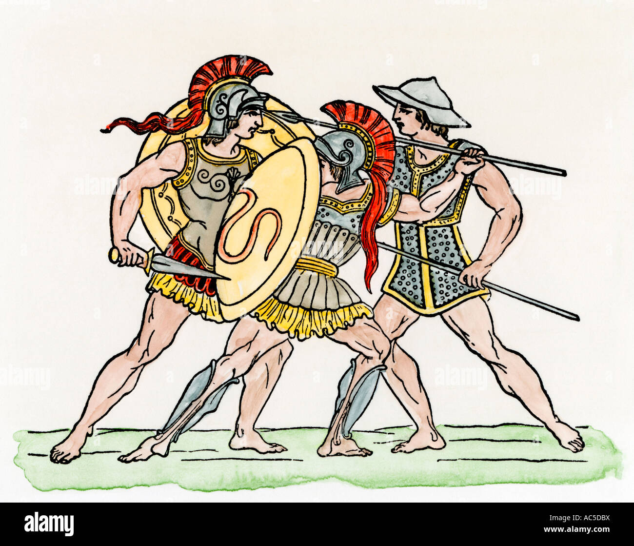 Griechische Soldaten im Kampf tragen schwere und leichte Rüstung. Hand - farbige Holzschnitt Stockfoto
