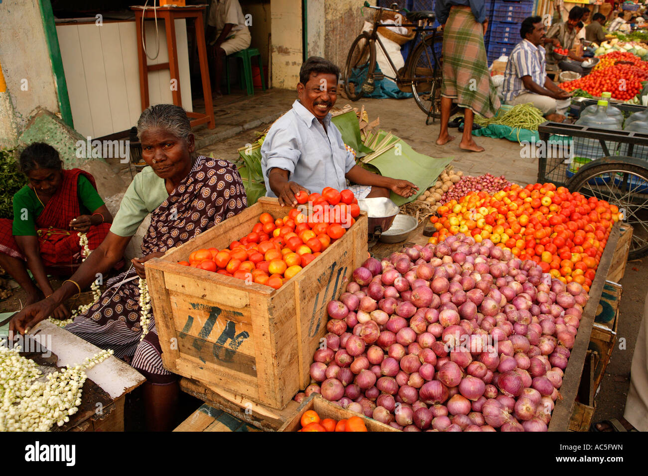 Zwiebel Straßenhändler, Kabaleeshwarar Tempel Markt, Chennai Madras, Tamil Nadu, Südindien, Asien Stockfoto