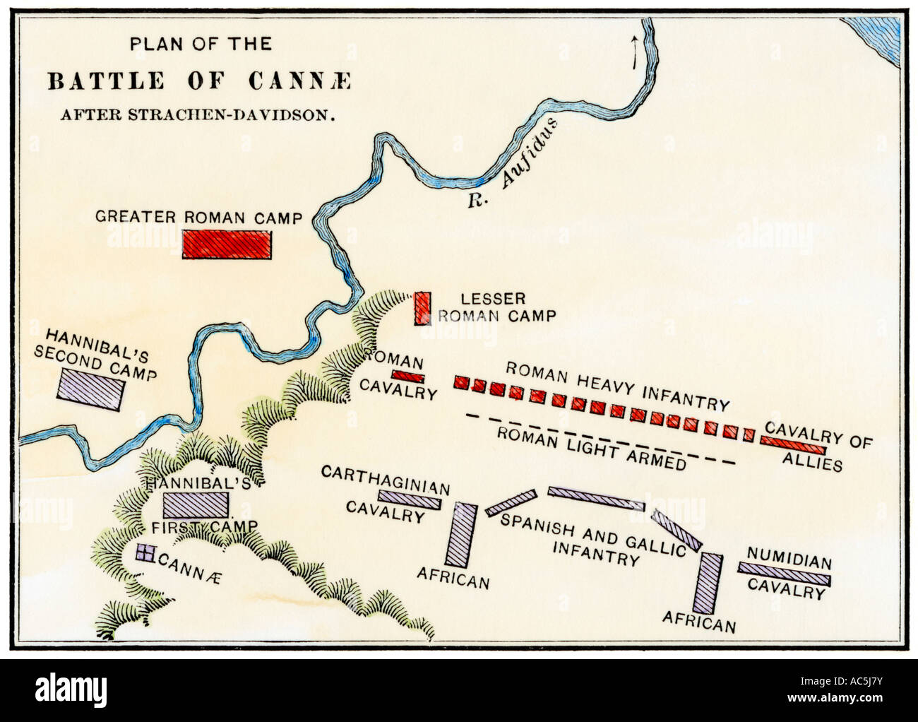 Karte der Schlacht von Cannae, in der Hannibal die Römer während des Zweiten Punischen Krieges 216 v. Chr. besiegt. Hand - farbige Holzschnitt Stockfoto