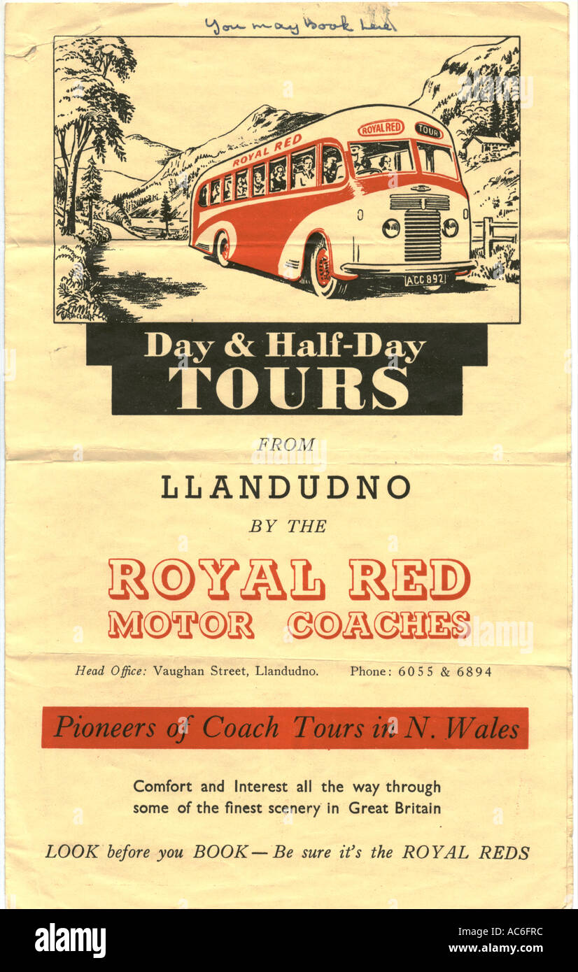 Werbung-Merkblatt für Bus-Touren in Nord-Wales um 1950 Stockfoto