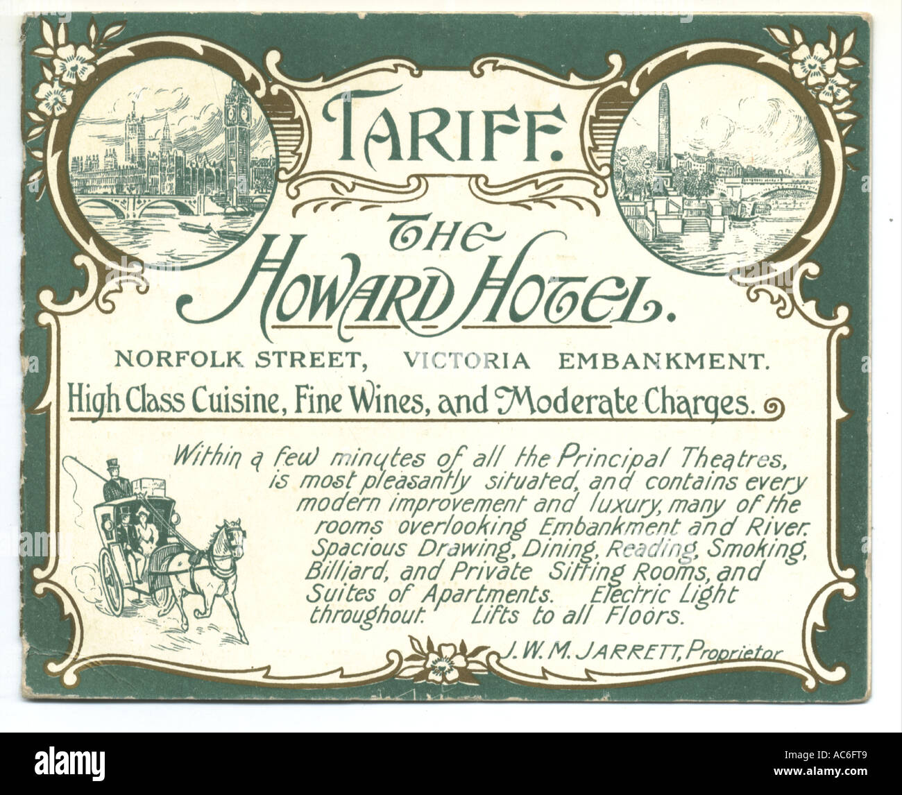Tarif für das Howard Hotel, London, um 1890 Stockfoto