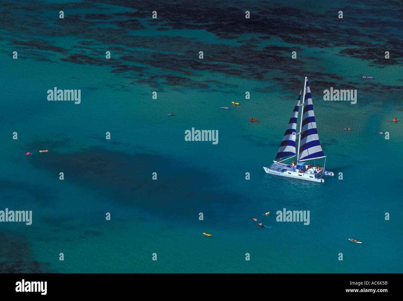 Katamaran unter Segeln, Katamaran, Segelboot, Segelboote, Boot, Boote, Bootfahren, Waikiki Beach, Oahu, Insel Oahu, Hawaii, United States Stockfoto