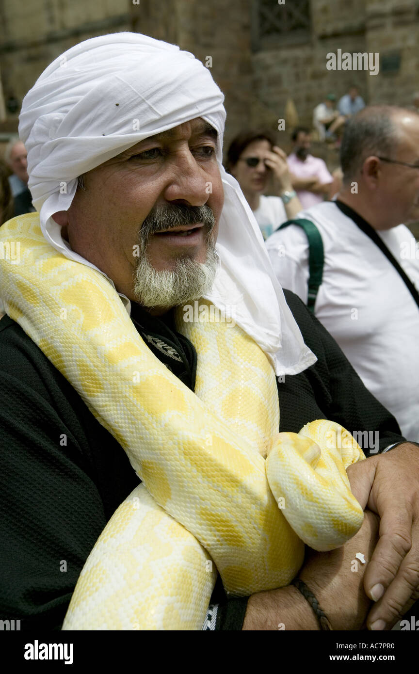 Große gelbe Python um den Hals seines Besitzers während Mittelaltermarkt, Balmaseda, Baskisches Land, Spanien Stockfoto