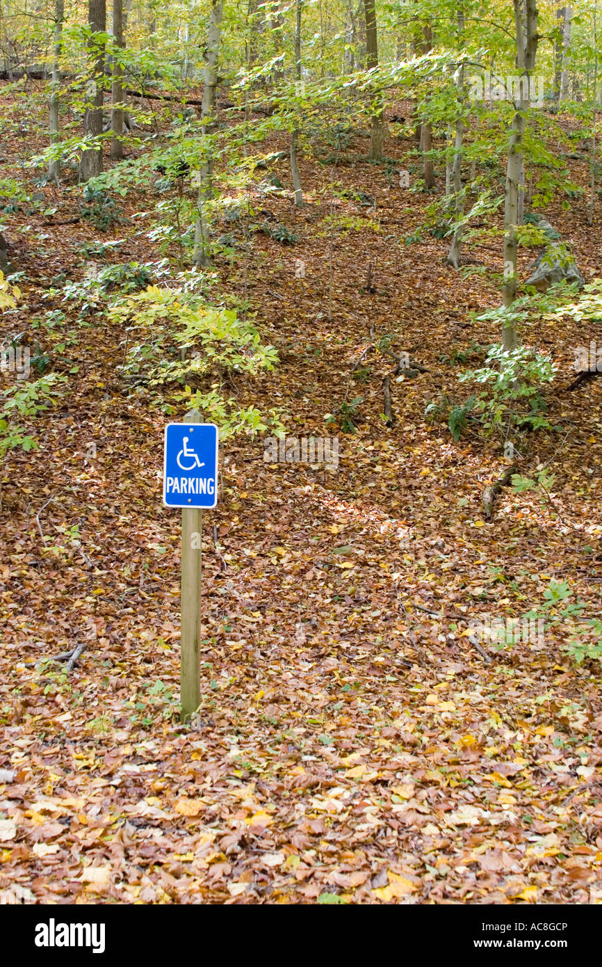 Körperlich behinderten Behindertenparkplätze Zeichen in den Wäldern im Ridley Creek State Park in Pennsylvania Stockfoto