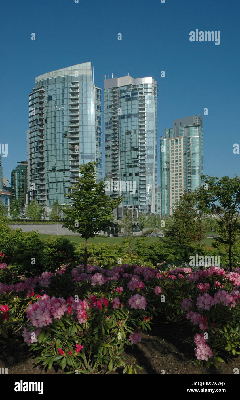 Eigentumswohnungen, beleuchtet durch das frühe Morgenlicht, Coal Harbour, Vancouver, Britisch-Kolumbien, Kanada. Stockfoto