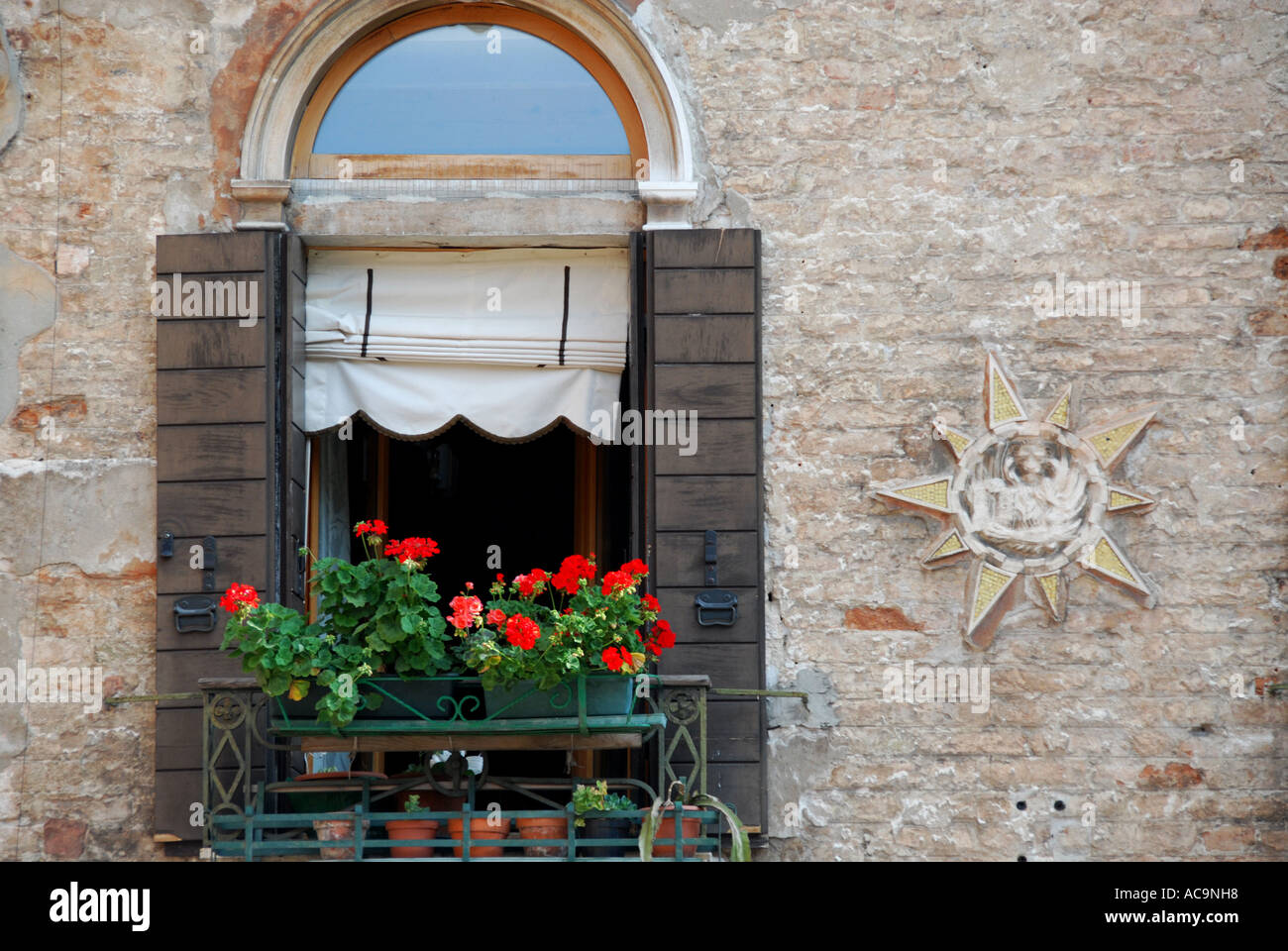 Fenster mit Blumenkasten in Venedig Italien Stockfoto