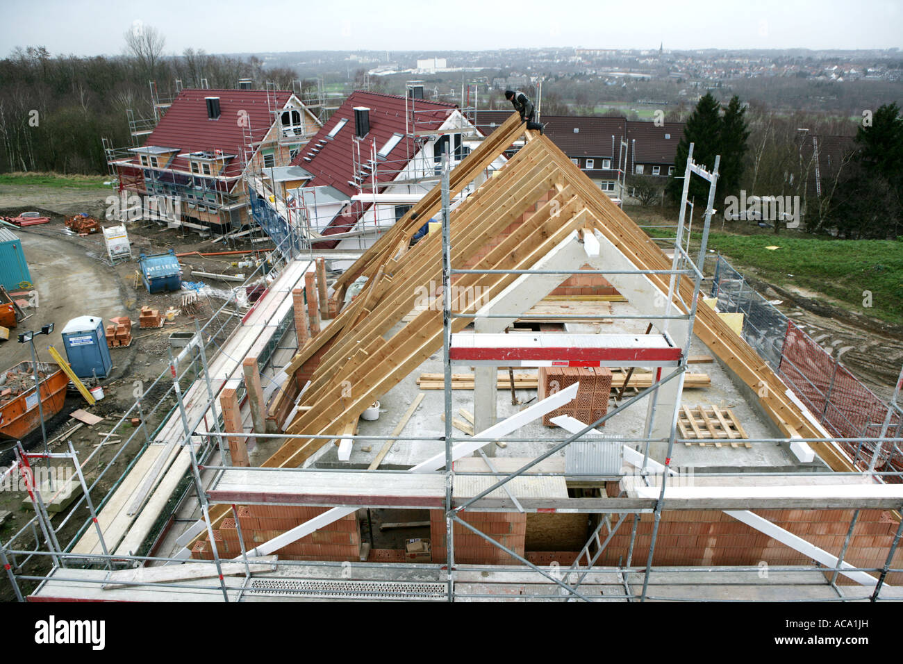 Tischler, Aufbau der Dachstuhl eines Hauses, Essen, Nordrhein-Westfalen, Deutschland Stockfoto