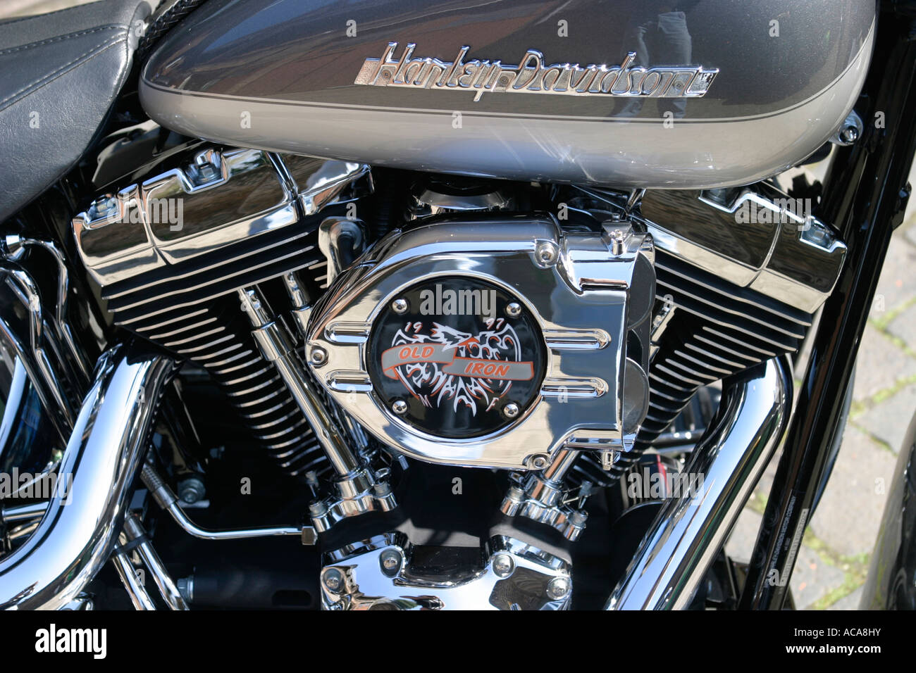 Twincam-Motor für eine Harley Davidson Fat Boy Stockfoto