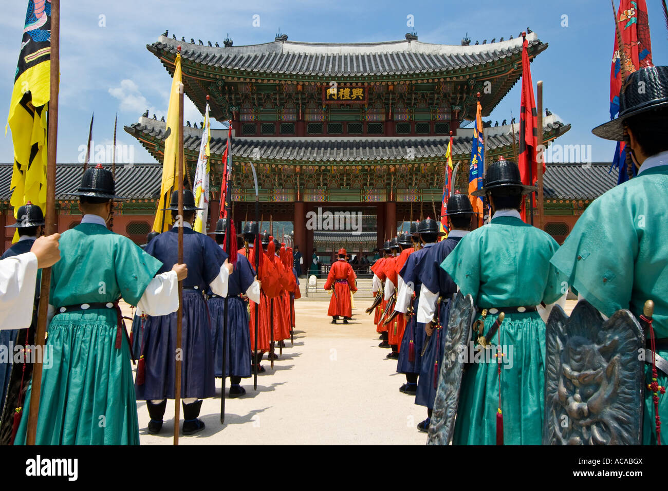 Zeremoniell Royal Guard Gyeongbokgung Palace Seoul Korea Stockfoto