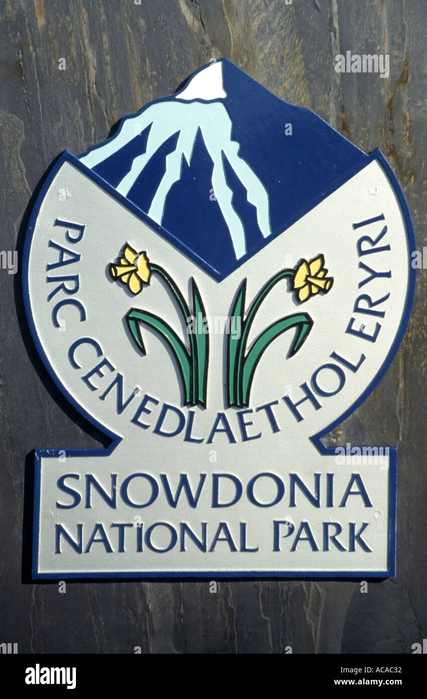 Snowdonia-Nationalpark Zeichen Parc Cenedlaethol Eryri plaque Stockfoto