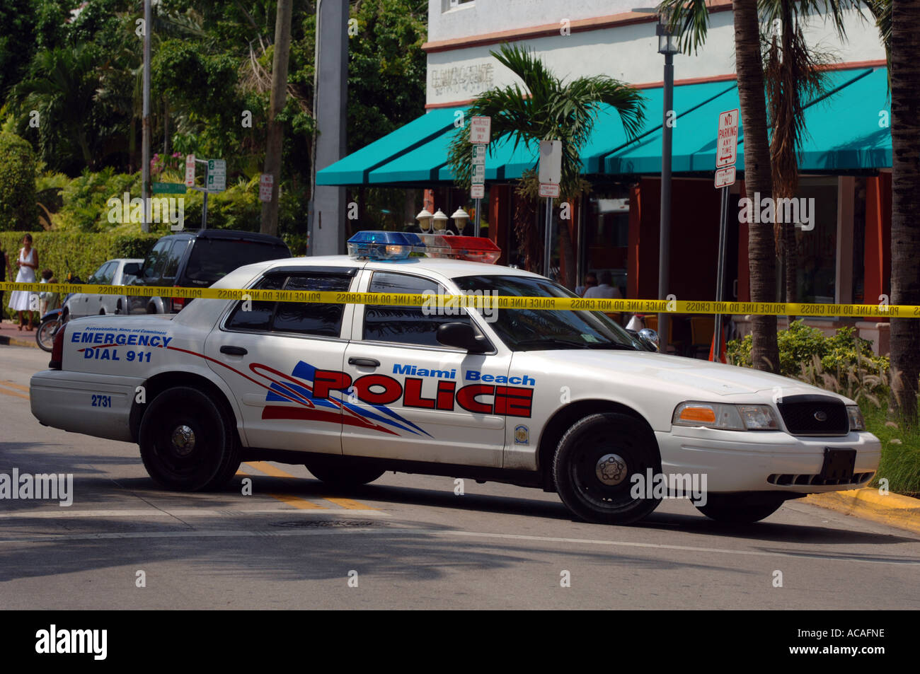 Polizei abschotten Road South Beach Miami Bereich USA, amerikanische Polizeiauto. Stockfoto