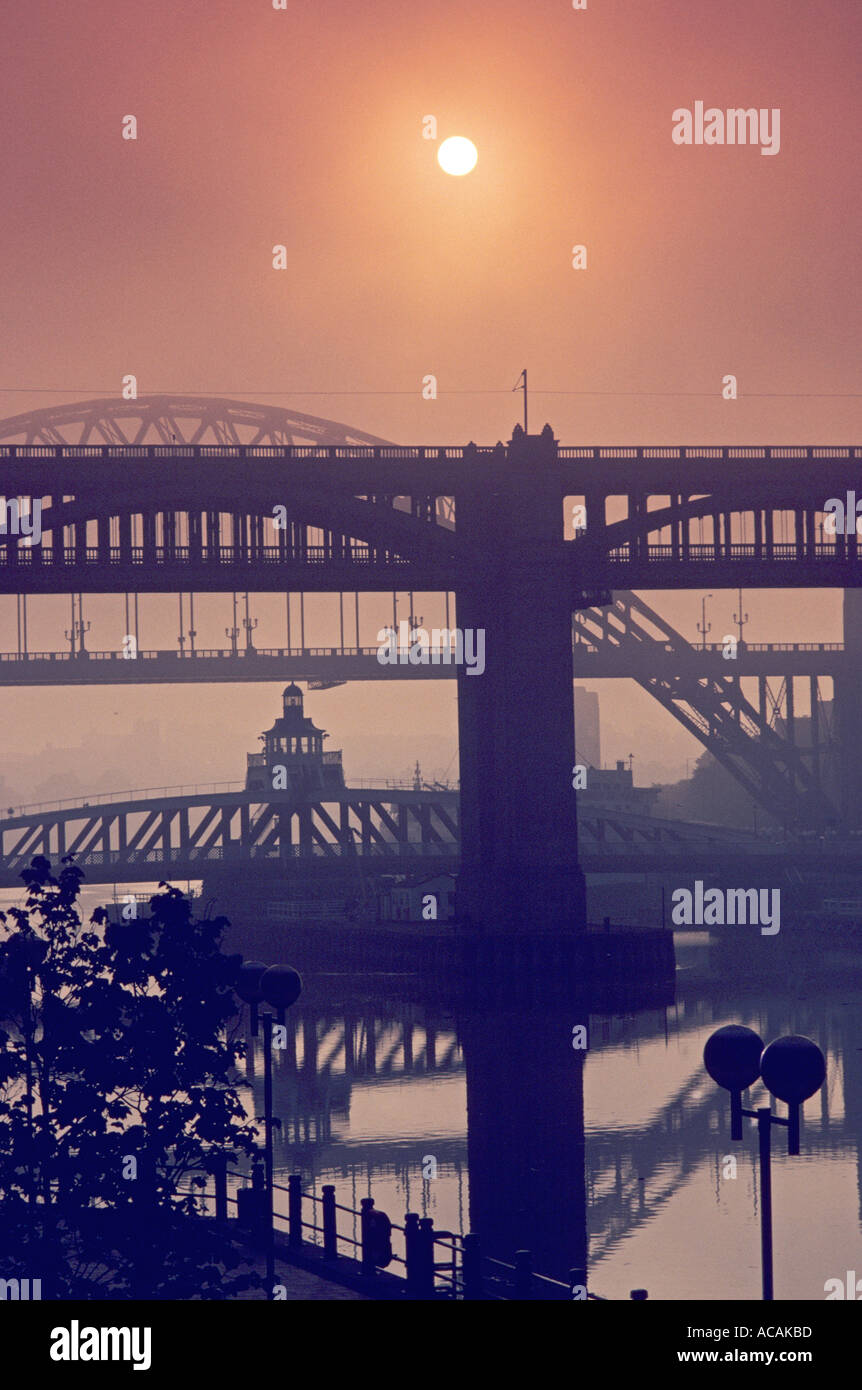 Tyne Brücken über den Tyne bei nebligen roter Sonnenaufgang Newcastle England UK Stockfoto